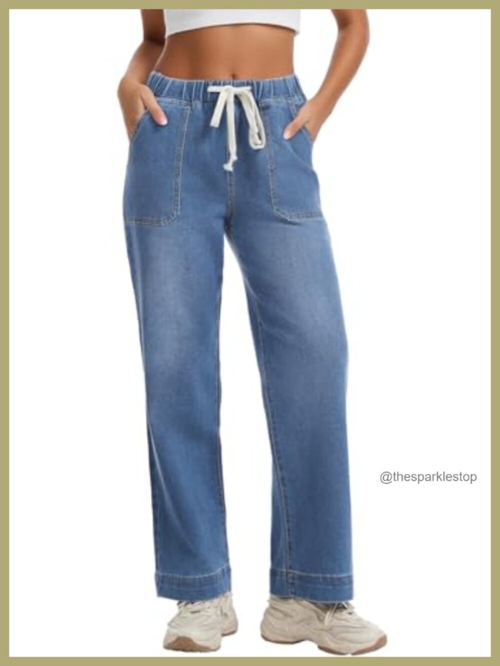 High Waisted Elastic Waist Pull On Straight Leg Jeans Women Stretchy Drawstring